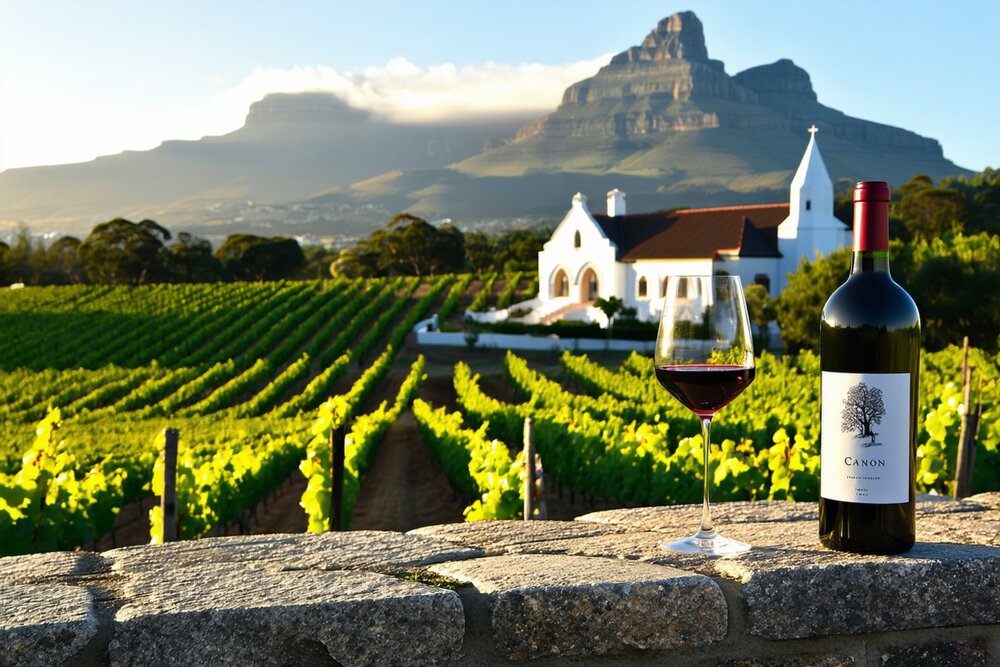 Cape Dutch estate vineyard in Stellenbosch with mountain backdrop