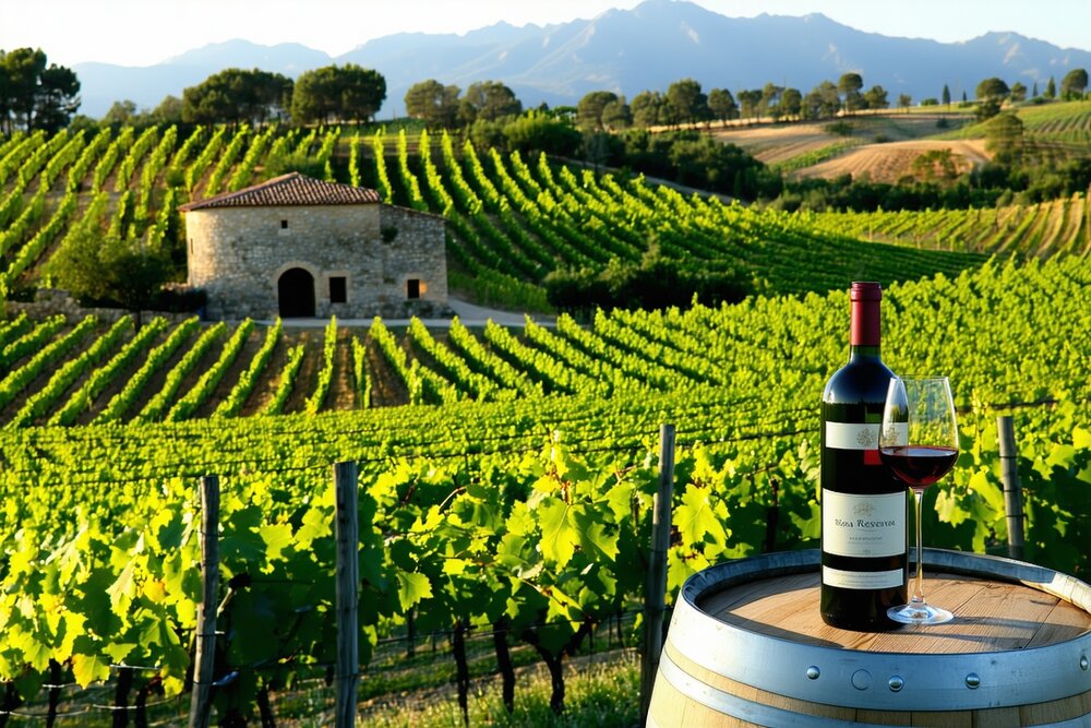 Tempranillo vineyard in Rioja with Sierra de Cantabria mountains