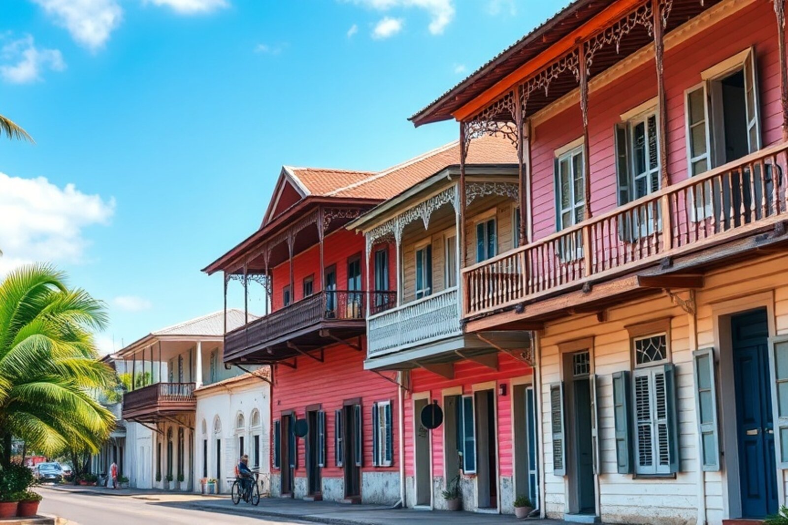 Paramaribo waterfront with colonial wooden buildings and palm trees