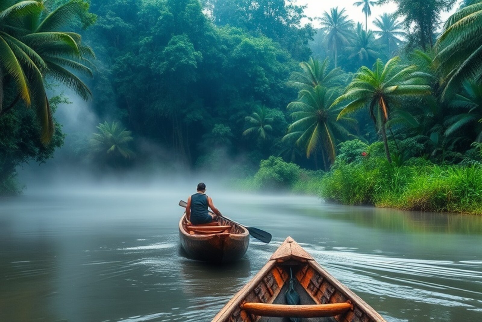 Dugout canoe on jungle river in Suriname interior rainforest