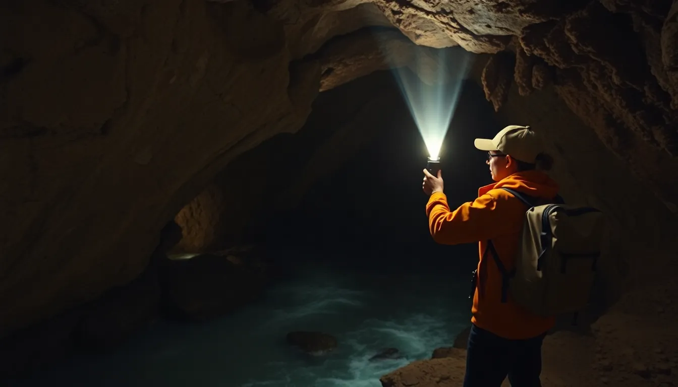 Voronya Cave - World's Deepest Cave, explorer with headlamp illuminating underground river