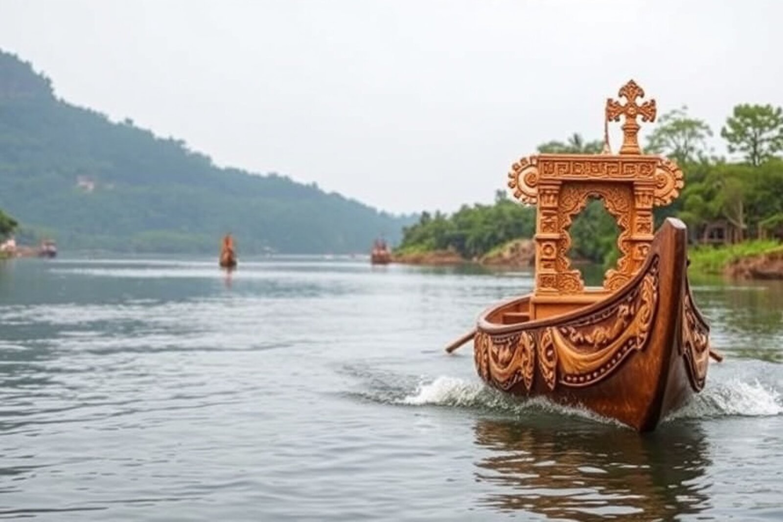 Traditional Maroon woodcarving and canoe on Upper Suriname River