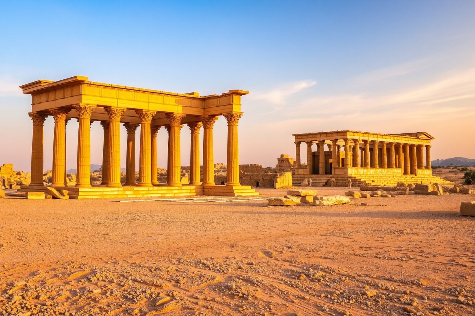 The ancient Roman ruins of Palmyra rising from the Syrian desert