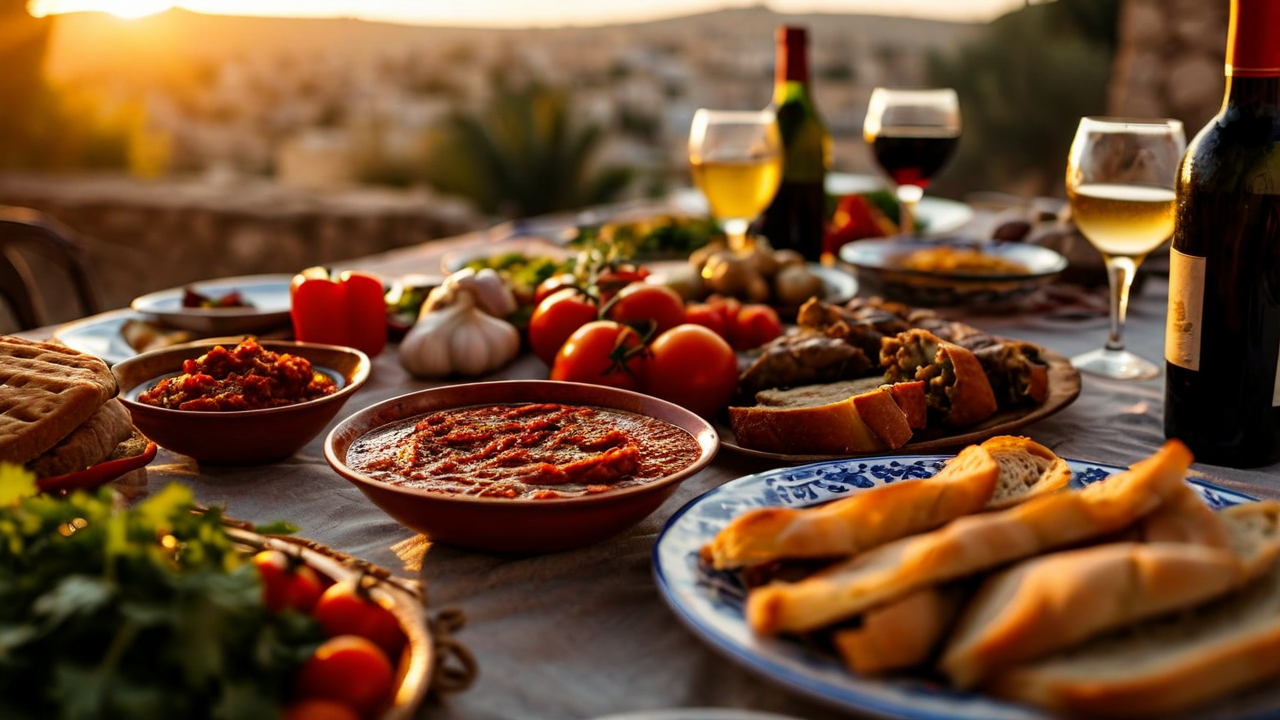 Traditional Syrian feast with abysta, adjika, and wine