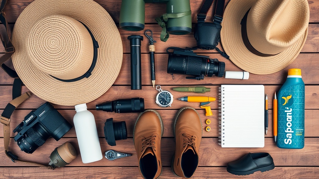 Safari travel gear flat lay