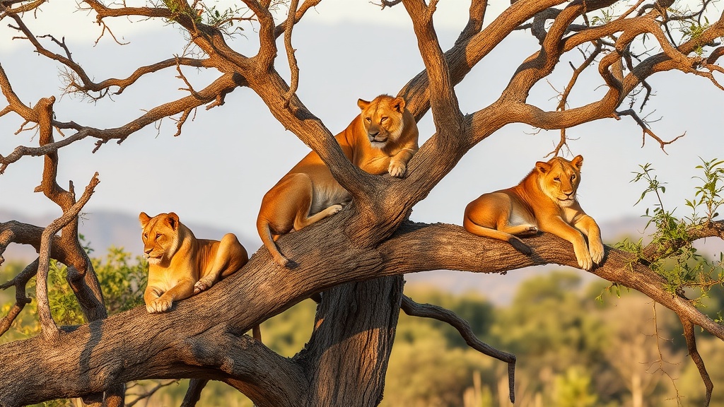 Tree climbing lions in Lake Manyara