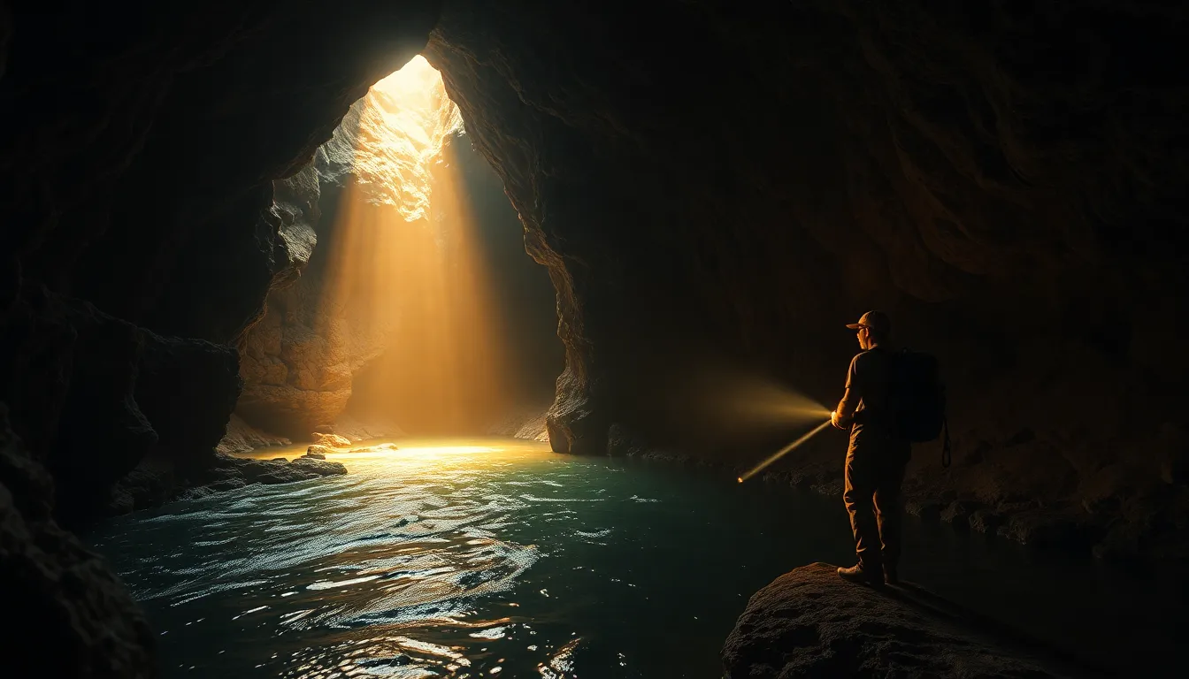 Voronya Cave - World's Deepest Cave, explorer with headlamp illuminating underground river