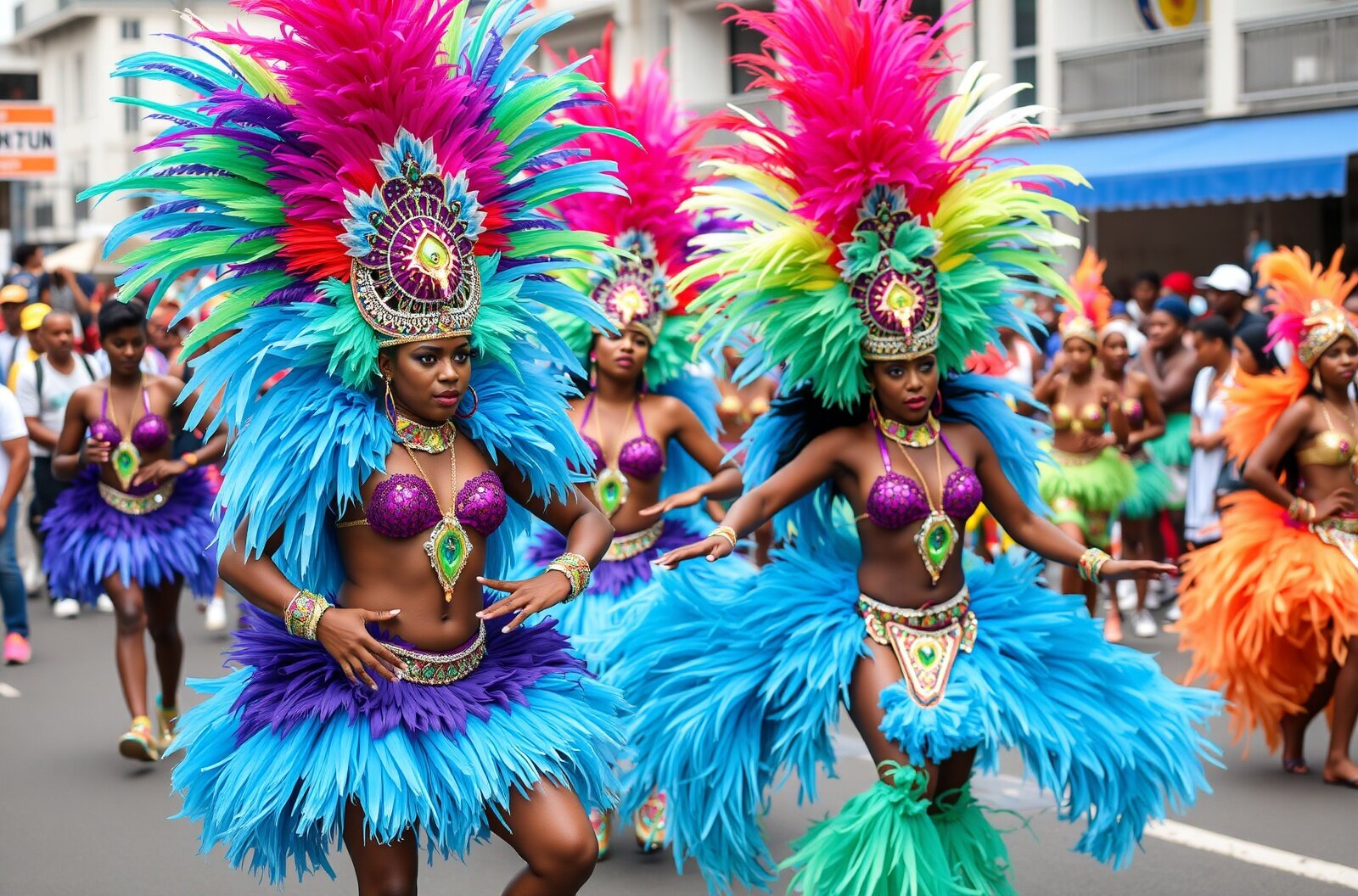 Trinidad Carnival mas dancers in feathered costumes