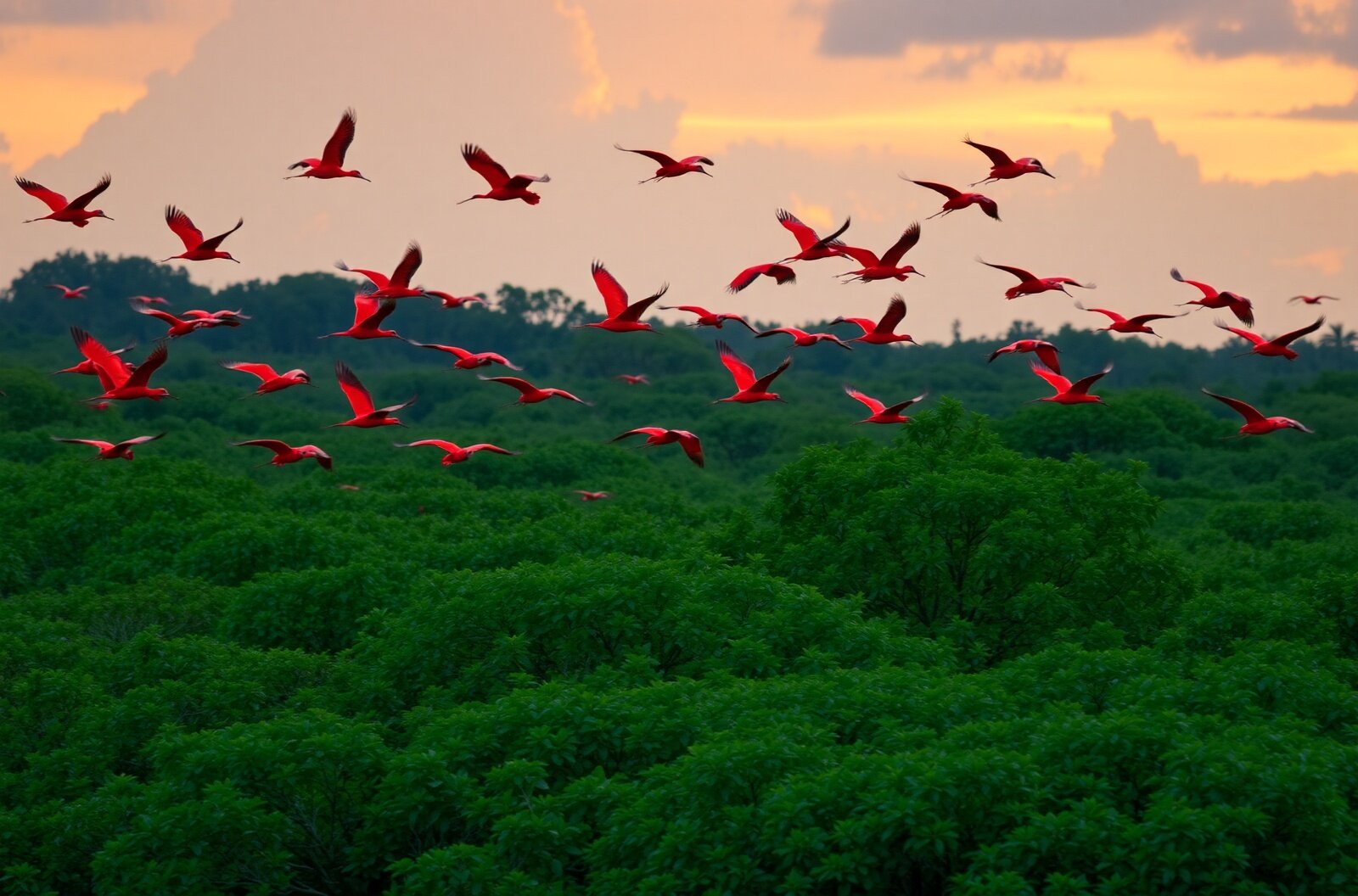 Scarlet ibis birds in Caroni Swamp