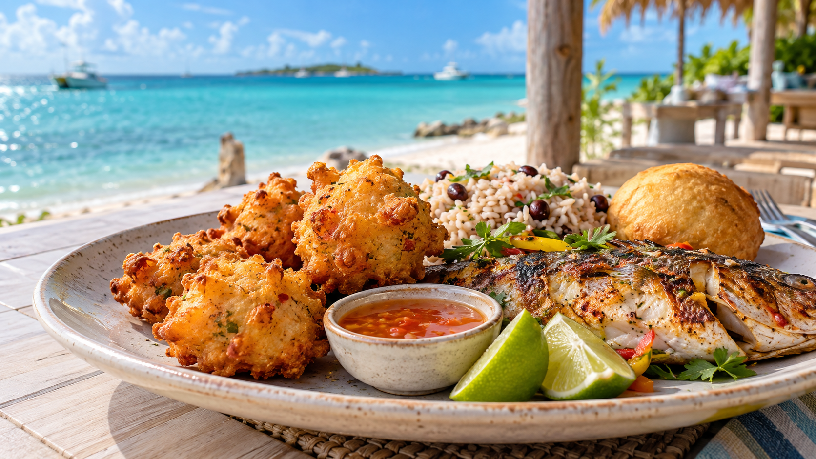 Conch fritters, grilled fish, peas and rice — AI illustration