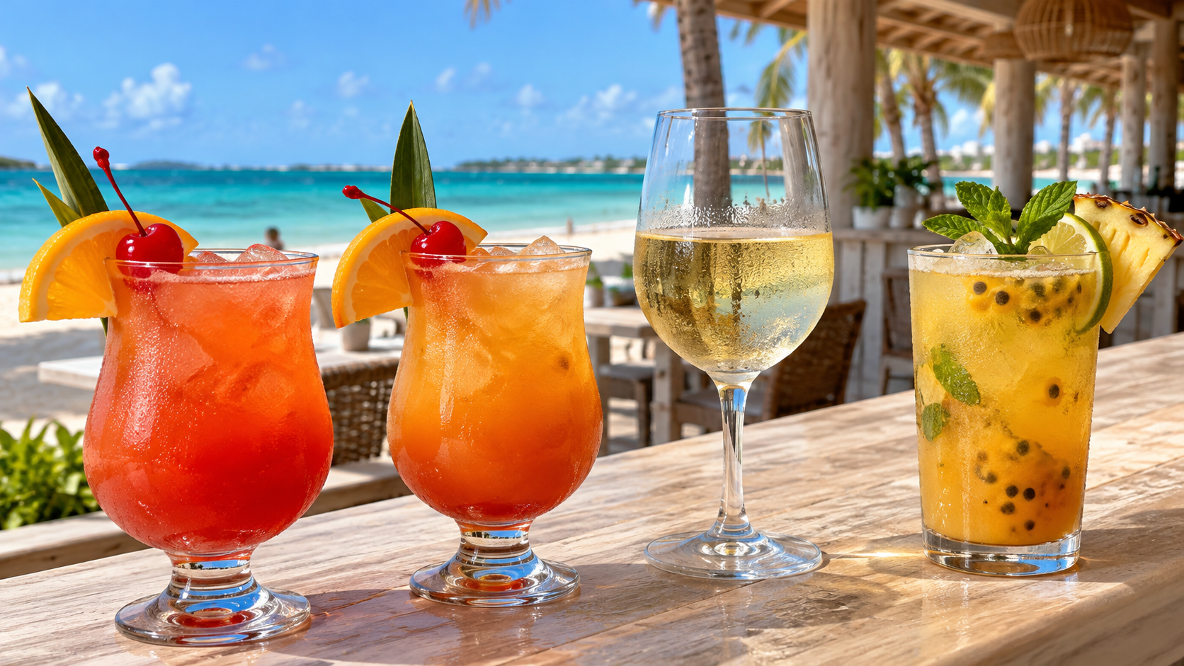 Rum punch, white wine and a fruit mocktail — AI illustration