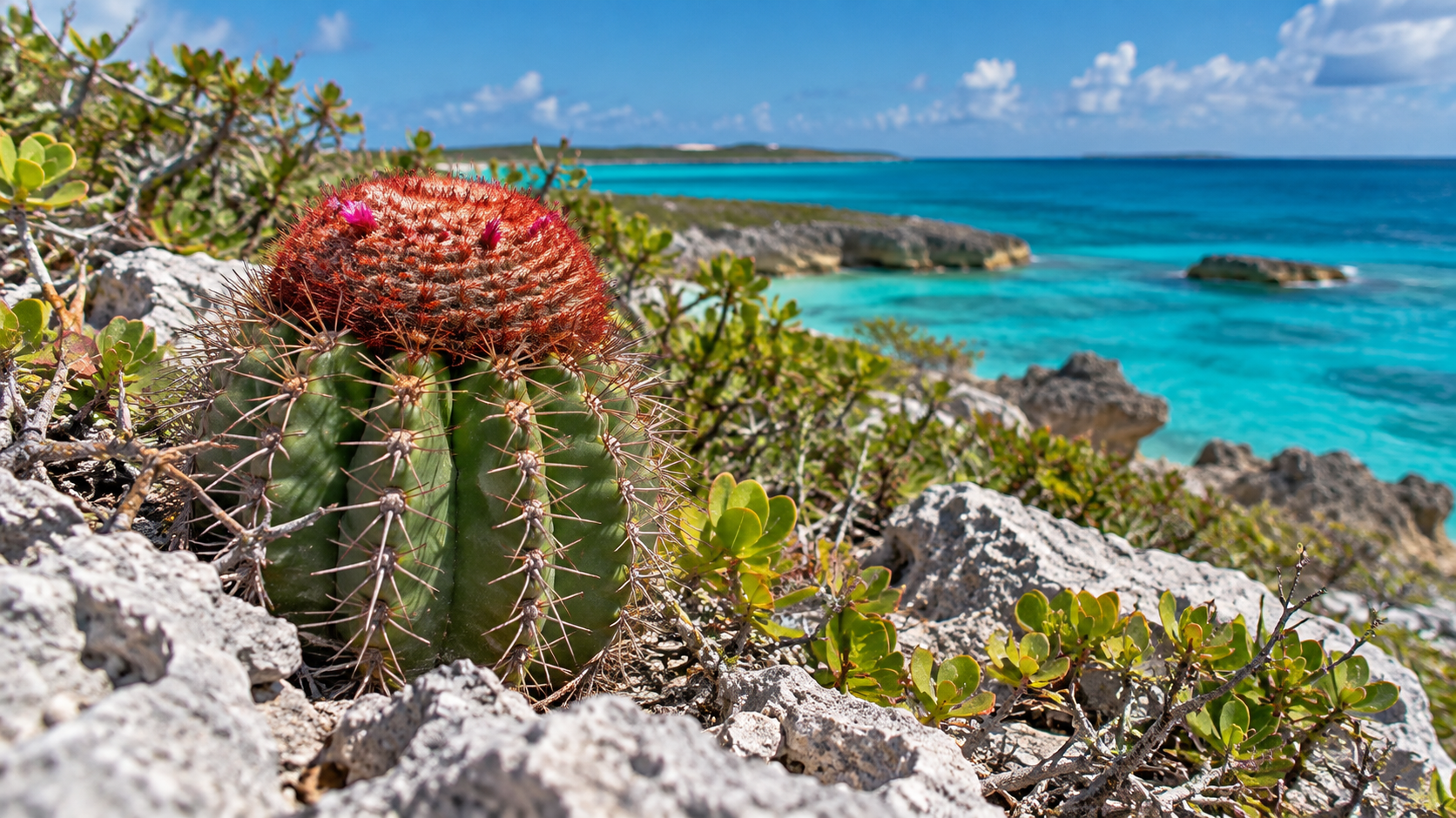 Turks head cactus in a coastal landscape — AI illustration