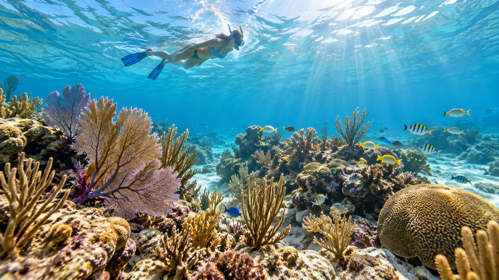 Reef habitat with a snorkeler above the coral — AI illustration