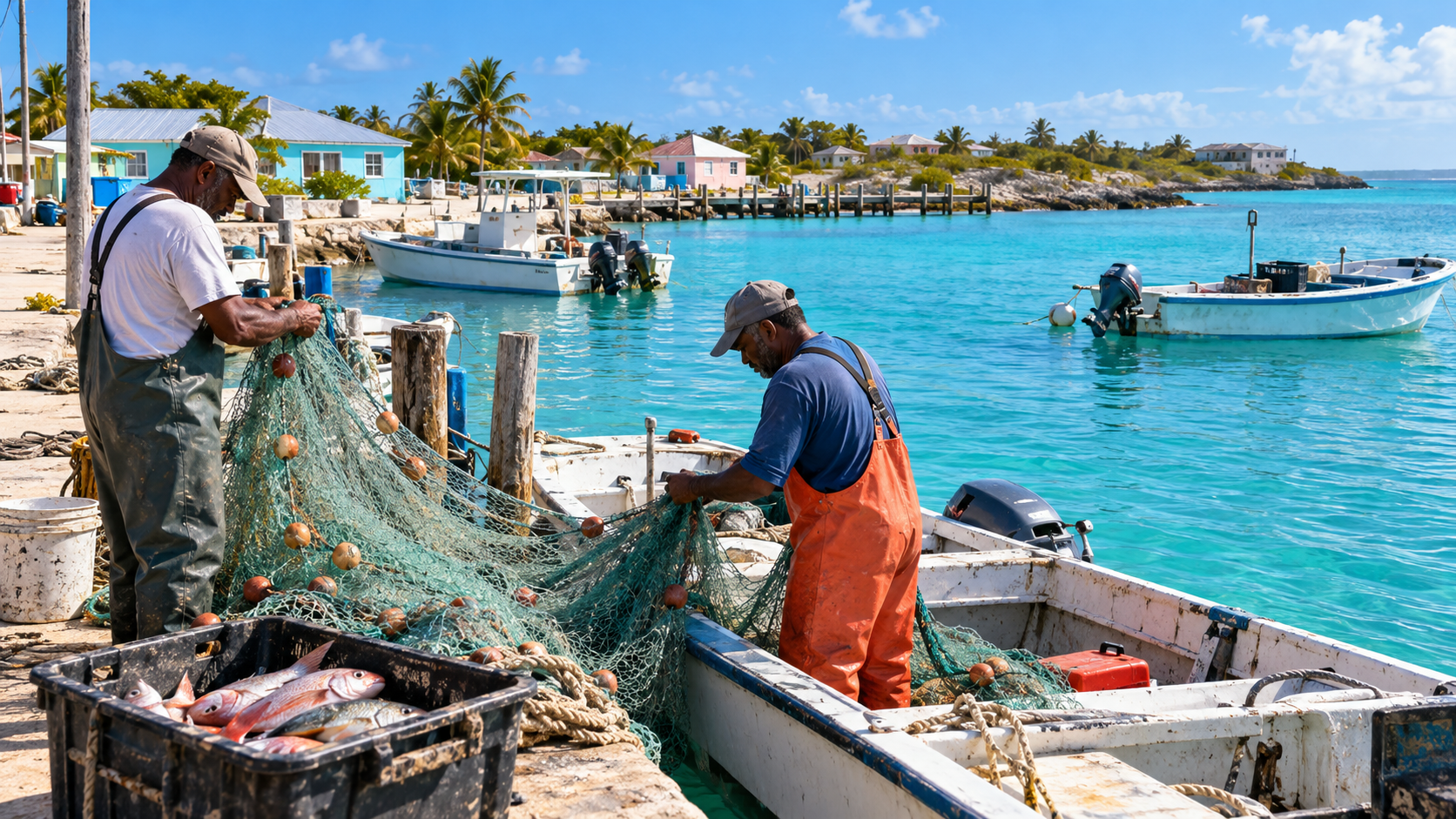 Fishing harbor and working fishers — AI illustration