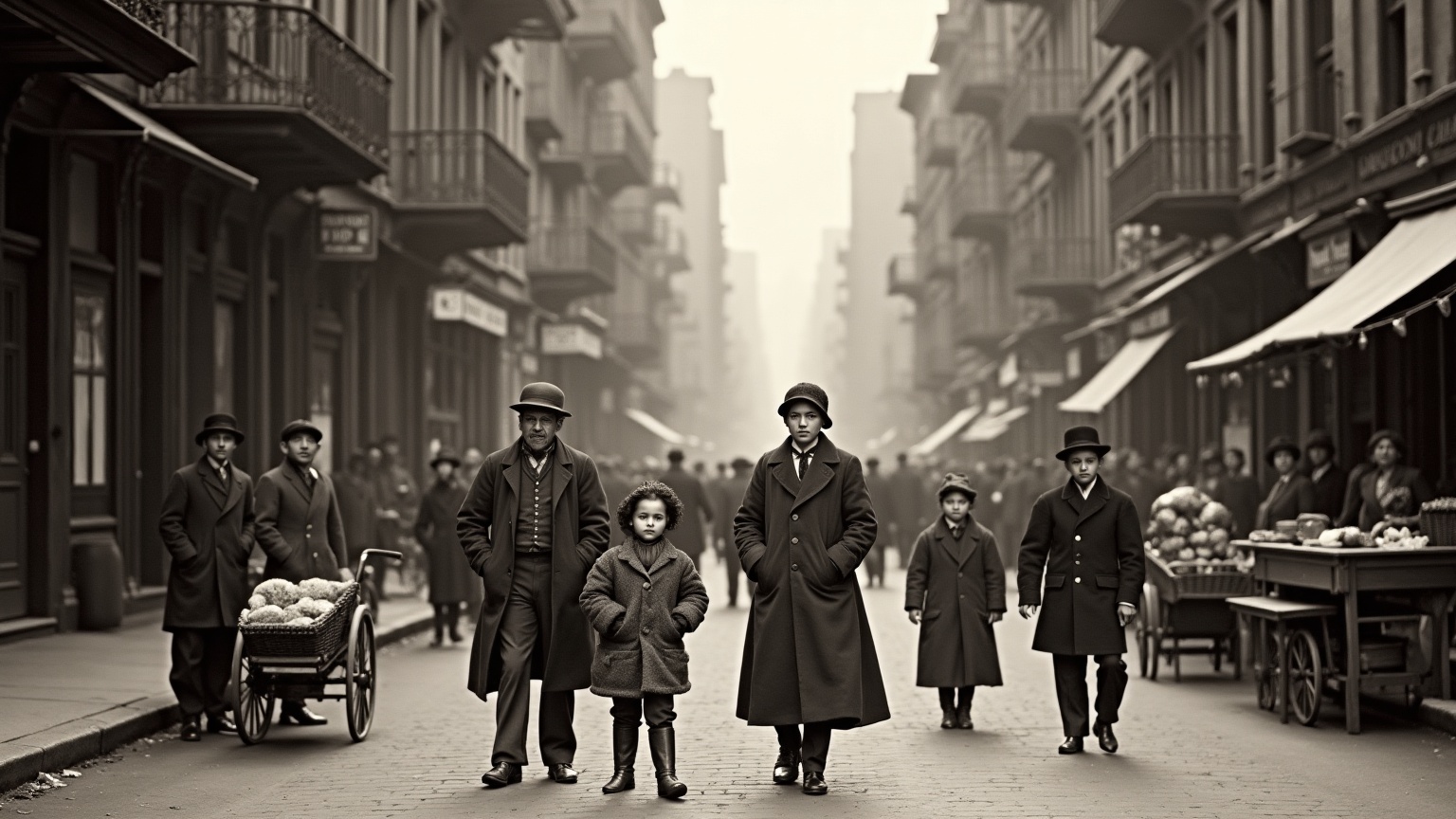 Illustrative early-twentieth-century immigrant families on a New York market street