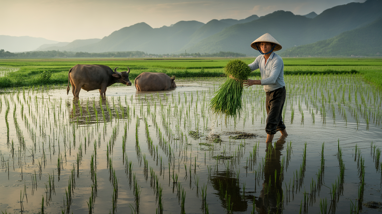 Vietnamese rice farmer in conical hat in flooded paddy