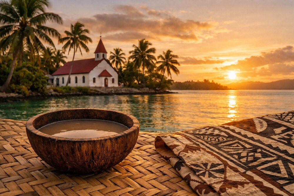Kava bowl and tapa barkcloth, Wallis and Futuna