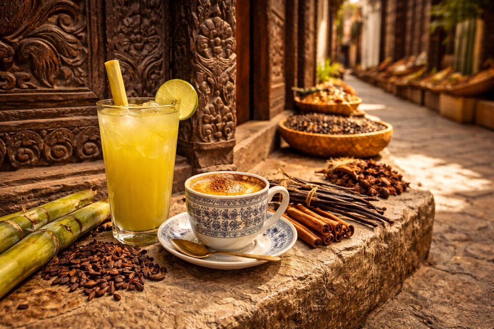 Sugarcane juice and coffee in Stone Town